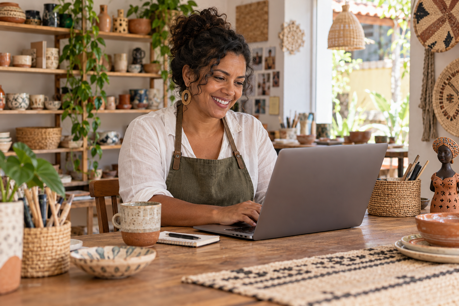 Imagem ilustrativa de uma artesã sorrindo enquanto administra seu negócio pelo notebook