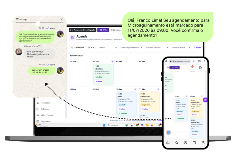 Exemplo ilustrativo de lembrete de agendamento pelo WhatsApp integrado à agenda no computador e no celular